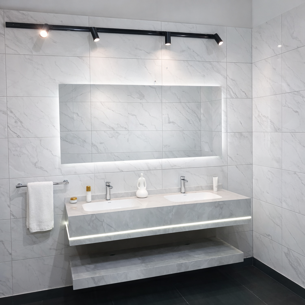 مغسلة بورسلان حوضين مع إضاءة ليد مقاس 150 سم